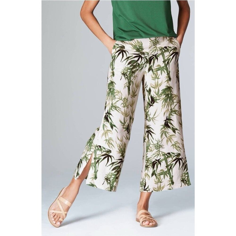 J. Jill Medium M Pants Barley‎ Linen Blend Crop Wide Leg Bamboo Print Culottes